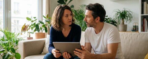Couple français consultant une estimation immobilière sur tablette dans leur salon