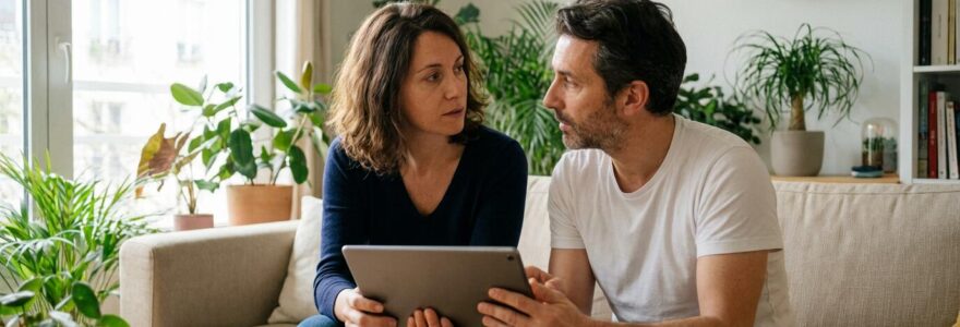 Couple français consultant une estimation immobilière sur tablette dans leur salon