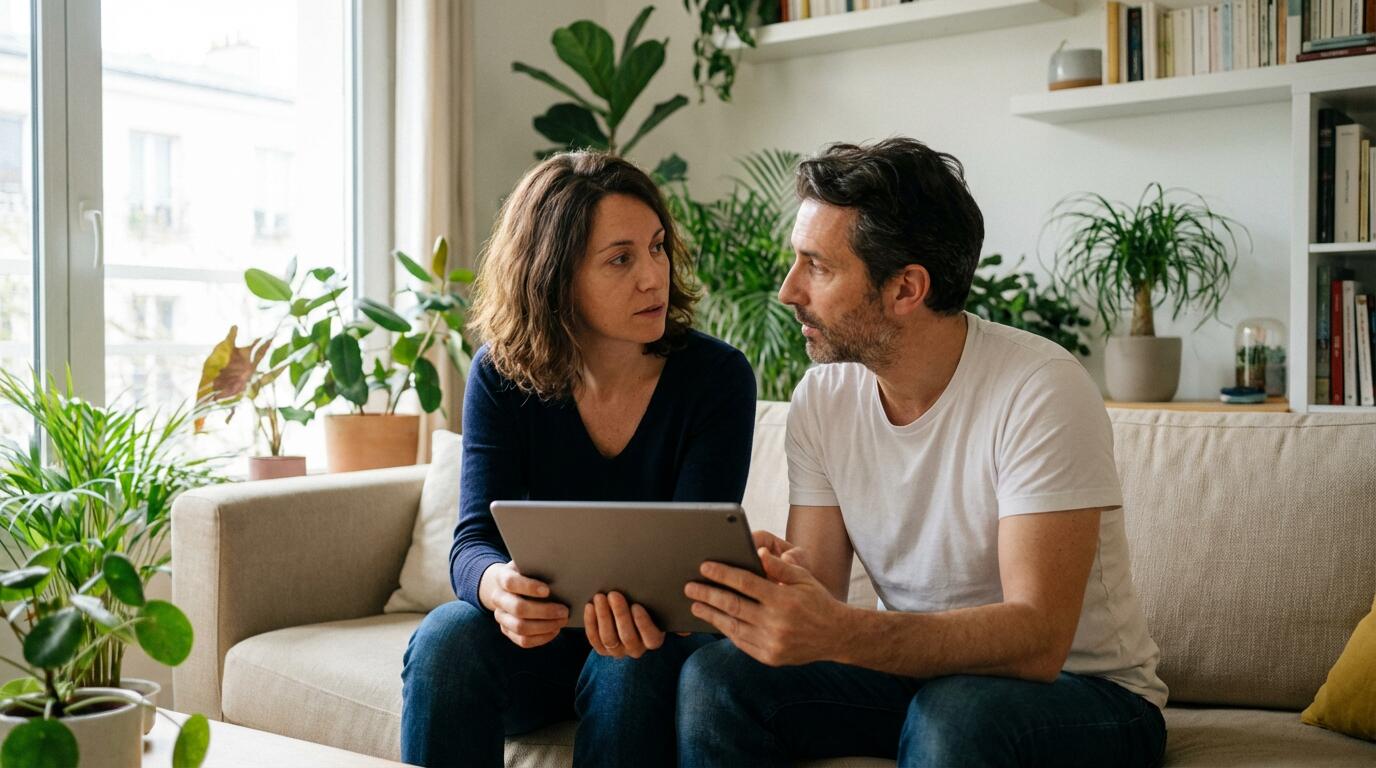 Couple français consultant une estimation immobilière sur tablette dans leur salon