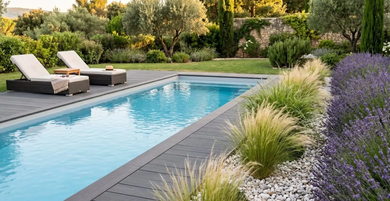 Abords de piscine aménagés avec graminées ornementales et galets, pas de débris