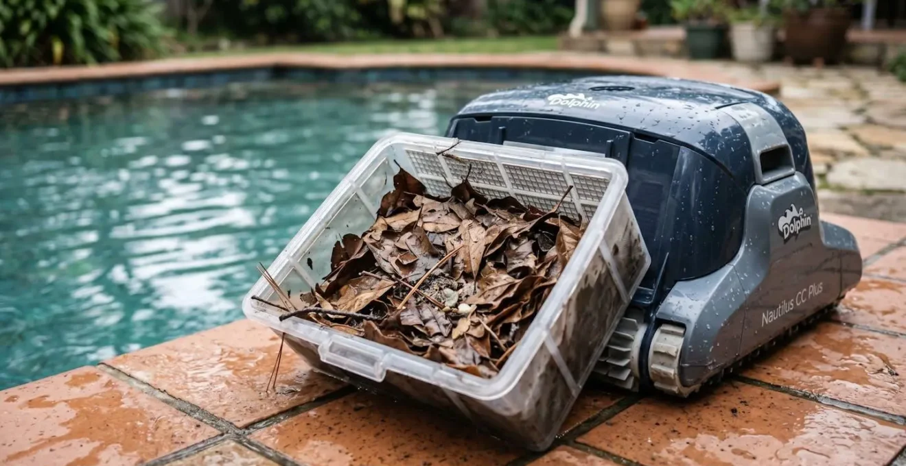 Robot nettoyeur de piscine avec panier de filtration saturé de feuilles et débris végétaux